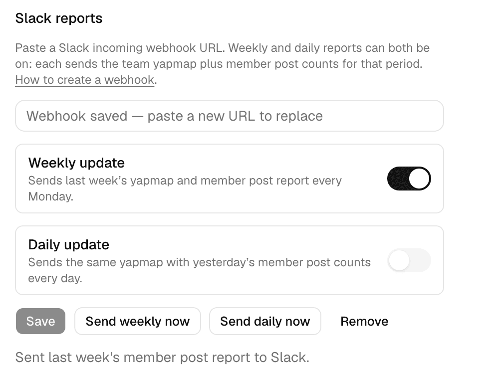 Slack reports settings with weekly and daily webhook alerts